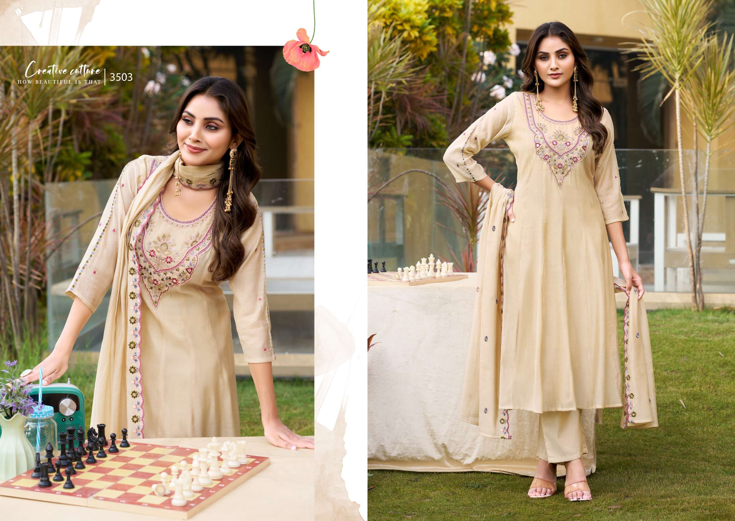 3501 TO 3503 CORAL FABRIC KURTI PALAZZO SUIT WEDDING SUIT TYPE ETHNIC SHOP